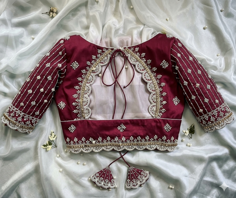 Royal Maroon Pearl-Scalloped Silk Blouse