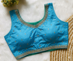 Sleeveless Sky Blue Silk Katori Blouse with Zardozi Work