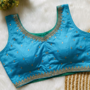 Sleeveless Sky Blue Silk Katori Blouse with Zardozi Work
