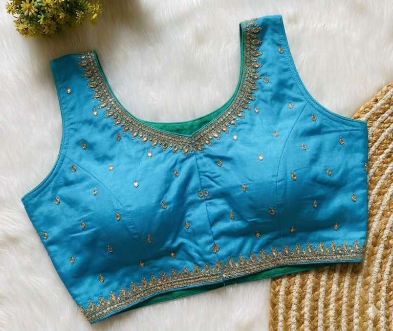 Sleeveless Sky Blue Silk Katori Blouse with Zardozi Work