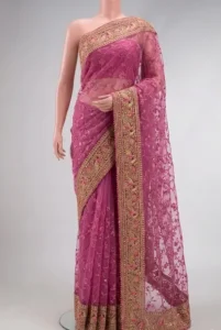 Pink Embroidered Net Saree