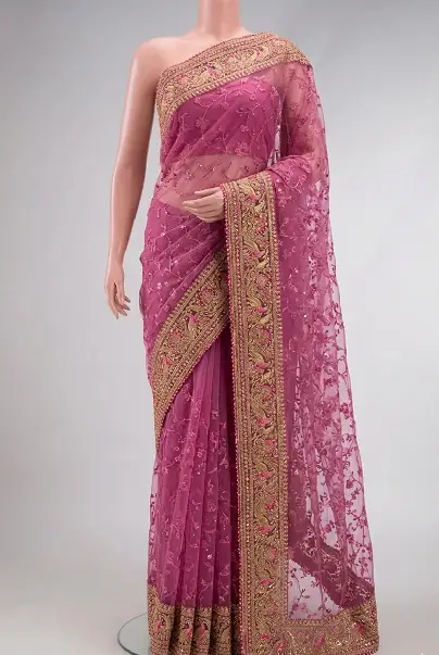 Pink Embroidered Net Saree
