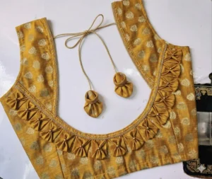 Elegant Yellow Brocade Blouse with Pleated Frill Neckline