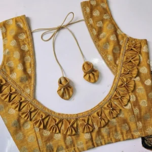 Elegant Yellow Brocade Blouse with Pleated Frill Neckline