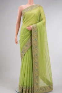 Lime Green Embroidered Net Saree