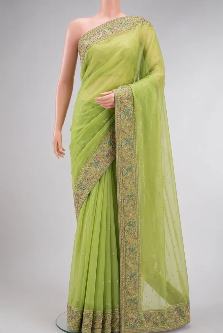 Lime Green Embroidered Net Saree